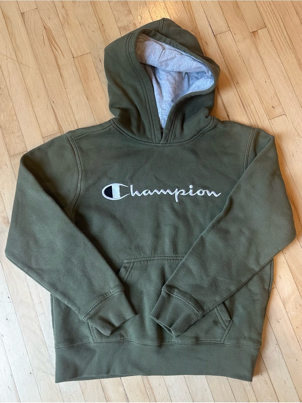 Champion Kids Olive Pullover Hoodie with White Script Logo, M